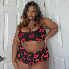 Plus Size Lips Print Sling Shorts Two Piece Set ONY-7043