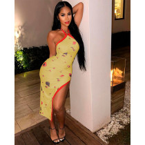 Sexy Backless Split Print Midi Dress QXTF-8149
