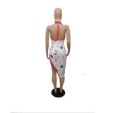 Sexy Backless Split Print Midi Dress QXTF-8149