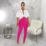 Short Sleeve Shirt Pants Contrast Color 2 Piece Set (With Waist Belt) YF-10447