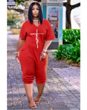 Loose  Printed V-neck Seven-point Jumpsuit CM-8611
