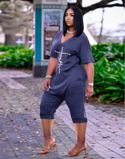 Loose  Printed V-neck Seven-point Jumpsuit CM-8611