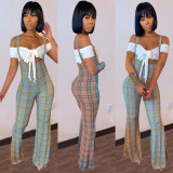 Short Sleeve High Waisted Plaid Two Piece Set GLF-08136