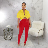 Short Sleeve Shirt Pants Contrast Color 2 Piece Set (With Waist Belt) YF-10447