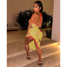 Sexy Backless Split Print Midi Dress QXTF-8149