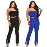Bow Tie Wrap Chest Vest And Split Micro Flare Pant Set GYLY-10053