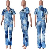 Fashion Print Zip Short Sleeve Pants Two Piece Set HMS-5567