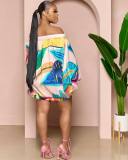 Plus Size One Shoulder Bat Sleeve Print Dress NY-10416
