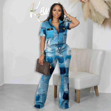 Fashion Print Zip Short Sleeve Pants Two Piece Set HMS-5567