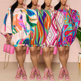 Plus Size One Shoulder Bat Sleeve Print Dress NY-10416