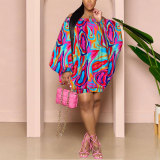 Plus Size One Shoulder Bat Sleeve Print Dress NY-10416