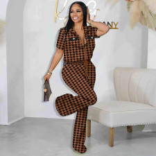 Fashion Print Zip Short Sleeve Pants Two Piece Set HMS-5567