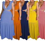 Solid Ruffled V Neck Sleeveless Hollow Maxi Dress BN-93351