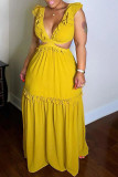 Solid Ruffled V Neck Sleeveless Hollow Maxi Dress BN-93351