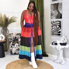 Fashion Contrast Color Pleated Long Skirt LSL-6509