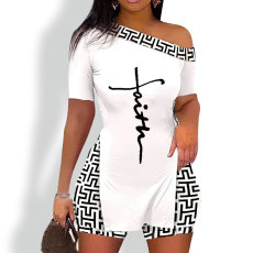 Split Letter Print Short Sleeve Suit HNIF-ZHZ005