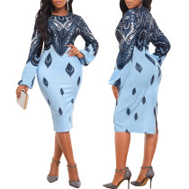 Sexy Fashion Print Long Sleeve Midi Dress SMR-11571