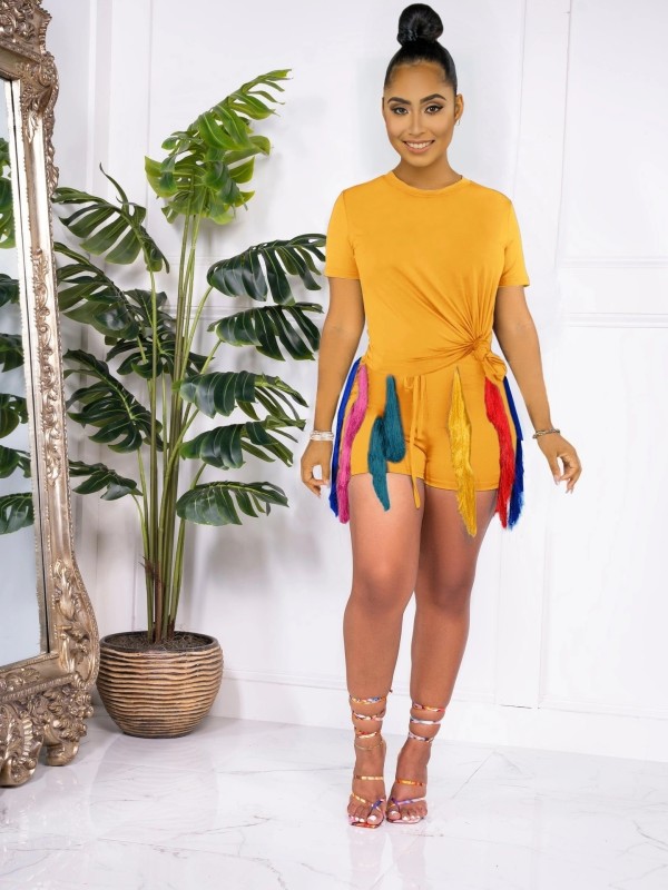 Casual Short Sleeve Tassel Shorts Two Piece Set OMY-11002