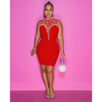 Mesh See Through Hot Drill Mini Dress BY-6163