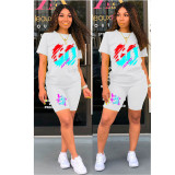 Plus Size Letter Print Short Sleeve Two Piece Shorts Set QXTF-8152
