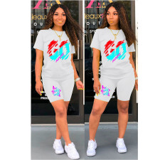Plus Size Letter Print Short Sleeve Two Piece Shorts Set QXTF-8152