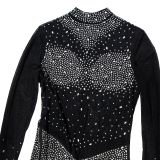 Fashion Mesh Hot Drill Long Sleeve Two Piece Pants Set BY-6203