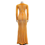 Mesh See Through Hot Drill Maxi Dress BY-6198