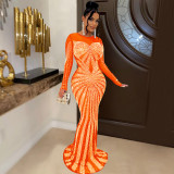 Mesh See Through Hot Drill Maxi Dress BY-6198