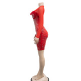 Mesh Feather Hot Drill Mini Dress BY-6215