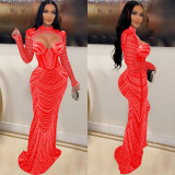 Mesh Hot Drill Long Sleeve Maxi Dress BY-6170