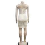 Solid Color Mesh Hot Drill Mini Dress BY-6243