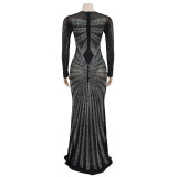 Mesh See Through Hot Drill Maxi Dress BY-6198