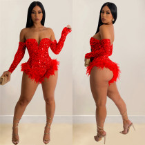 Sexy Wrap Chest Sequin Feather Bodysuit BY-6225