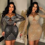 Solid Color Mesh Hot Drill Mini Dress BY-6243