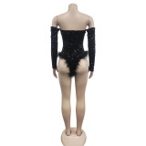 Sexy Wrap Chest Sequin Feather Bodysuit BY-6225