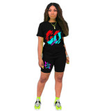 Plus Size Letter Print Short Sleeve Two Piece Shorts Set QXTF-8152