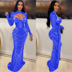 Mesh Hot Drill Long Sleeve Maxi Dress BY-6170