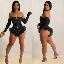 Sexy Wrap Chest Sequin Feather Bodysuit BY-6225