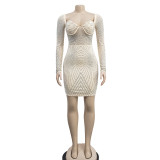 Solid Color Mesh Hot Drill Mini Dress BY-6243