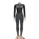 Fashion Mesh Hot Drill Long Sleeve Two Piece Pants Set BY-6203