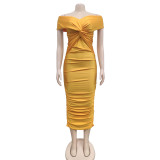 Sexy Cross  Wrap Chest Cross Pleated Maxi Dress BY-6219
