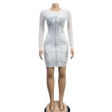 Mesh Feather Hot Drill Mini Dress BY-6215