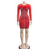 Mesh Feather Hot Drill Mini Dress BY-6215