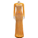 Mesh See Through Hot Drill Maxi Dress BY-6198