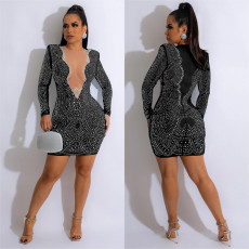 Mesh V Neck Hot Drill Mini Dress BY-6185