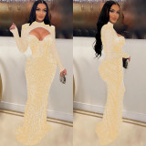 Mesh Hot Drill Long Sleeve Maxi Dress BY-6170