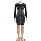 Mesh Feather Hot Drill Mini Dress BY-6215