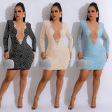 Mesh V Neck Hot Drill Mini Dress BY-6185
