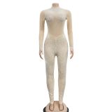Fashion Mesh Hot Drill Long Sleeve Two Piece Pants Set BY-6203