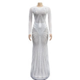 Mesh See Through Hot Drill Maxi Dress BY-6198